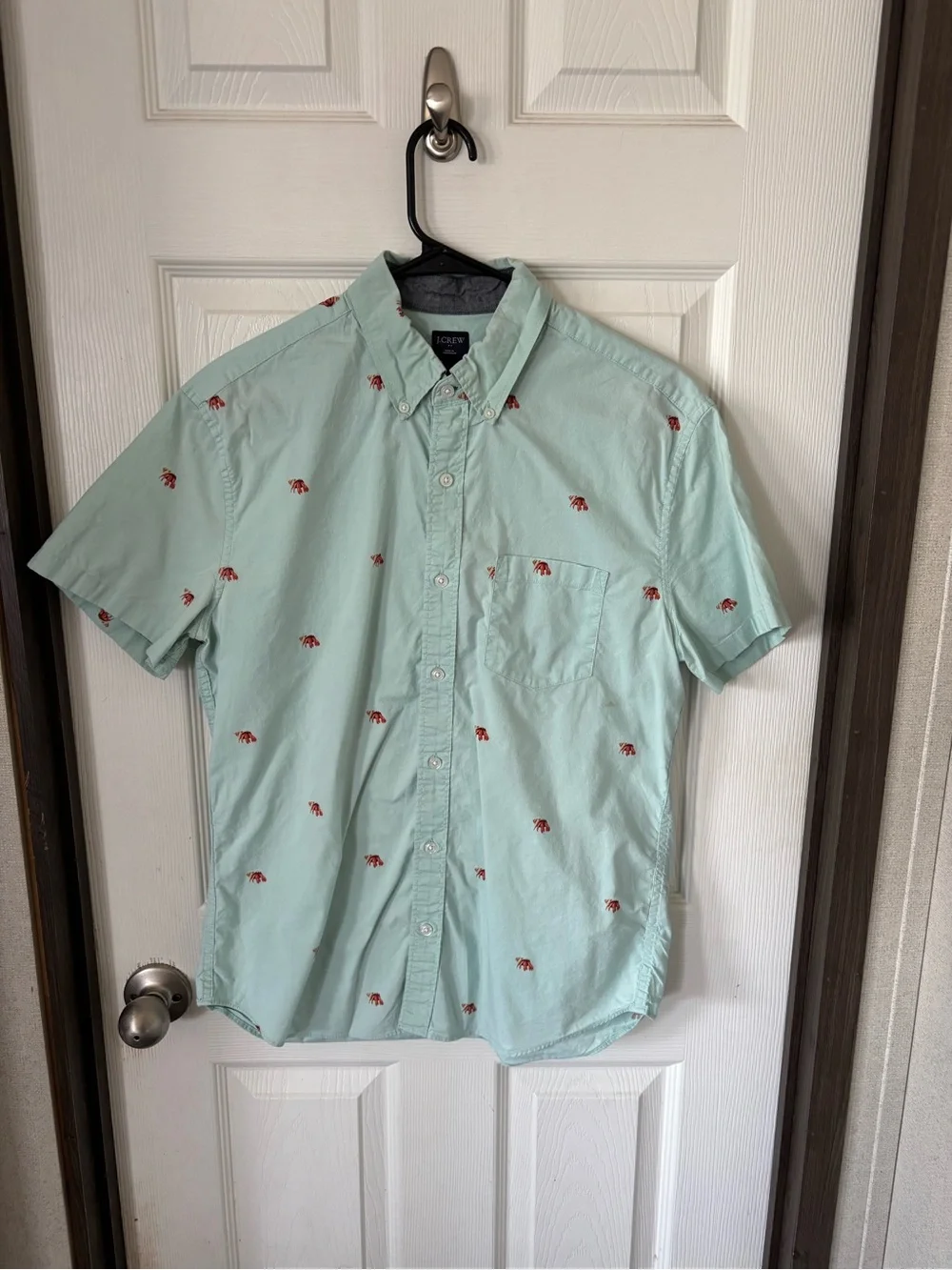 J. Crew Mint Short-Sleeve Button-Down Shirt with Red Embroidery